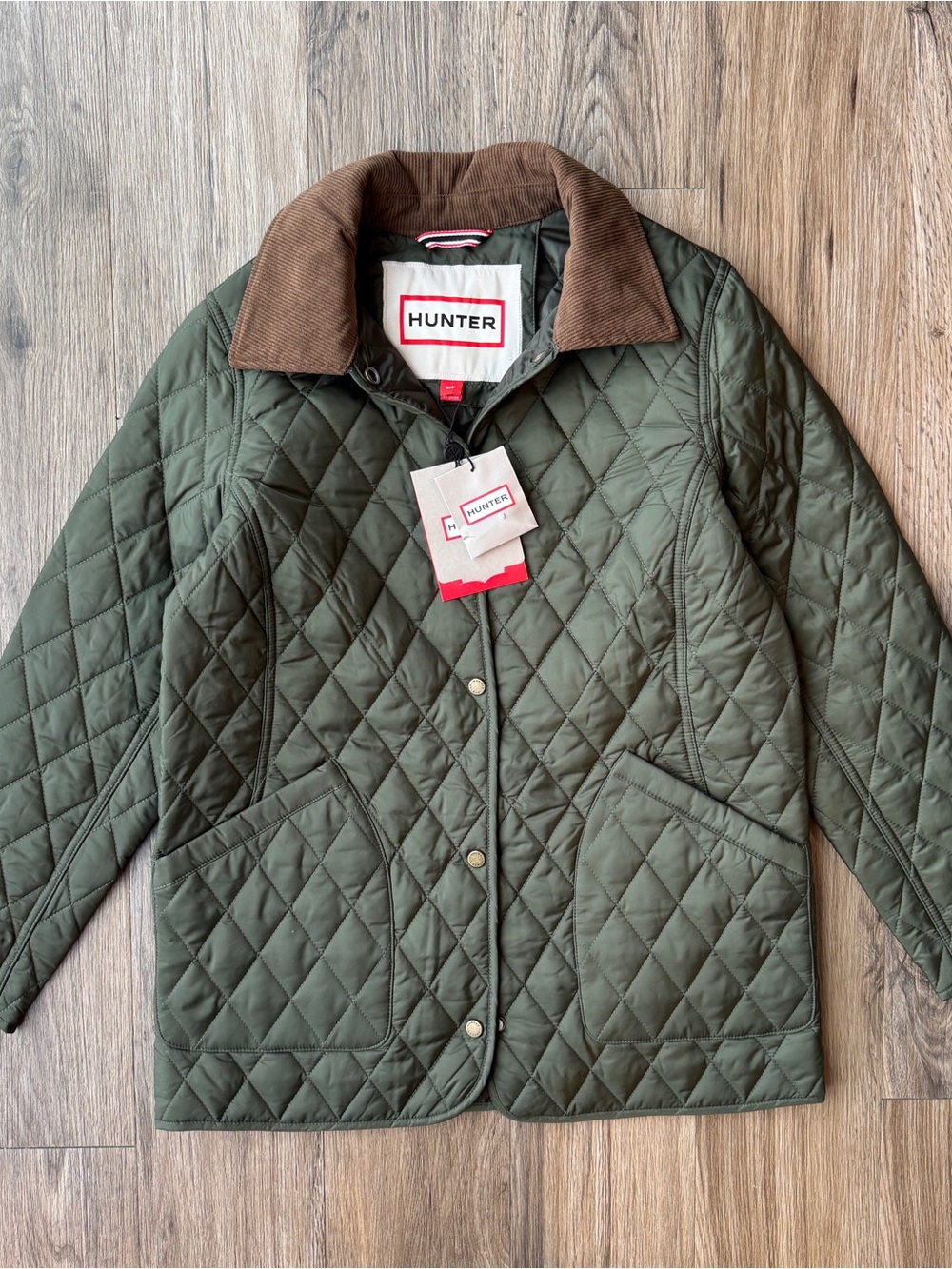 NWT Size S Hunter Quilted Green Khaki Jacket with Corduroy Collar Barn British